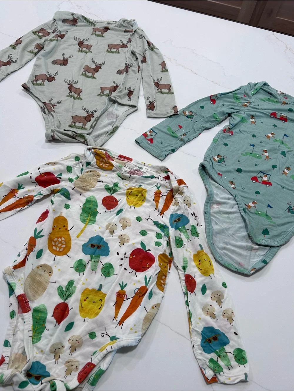 Angel Dear Long-Sleeve One-Piece Bodysuits in Cream, Green & Multi